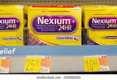 San Jose, CA - September 9, 2022: Packs Of Nexium 24 Hour Heart Burn Treatment Capsules On A Shelf Inside Big Box Store.