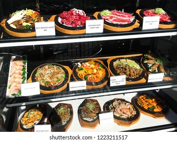 San Jose, CA / USA - August 5, 2018: Various of asian meals, asian food dishes in an asian restaurant