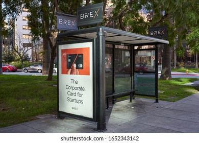 San Jose, CA, USA - Feb 17, 2020: American Financial Service And Technology Company Brex, Inc.'s Advertisement Seen At A Bus Stop In Downtown San Jose, California.