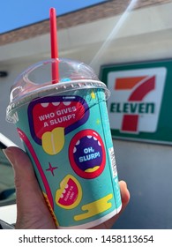 San Jose, CA (USA) - July 12, 2019. New Detective Pikachu Mystery Slurpee Flavor Available At Local 7 Eleven Stores.