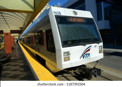 SAN JOSE, CA, USA - MAR. 12, 2014: Santa Clara Valley Transportation Authority VTA Light Rail At Convention Center Station In Downtown San Jose, California CA, USA.