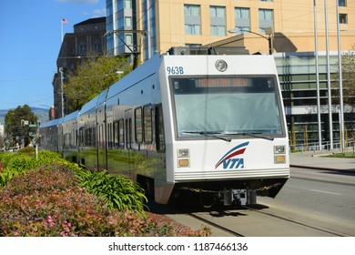 SAN JOSE, CA, USA - MAR. 12, 2014: Santa Clara Valley Transportation Authority VTA Light Rail At Convention Center Station In Downtown San Jose, California CA, USA.