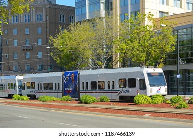 SAN JOSE, CA, USA - MAR. 12, 2014: Santa Clara Valley Transportation Authority VTA Light Rail At Convention Center Station In Downtown San Jose, California CA, USA.