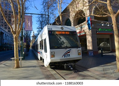 SAN JOSE, CA, USA - MAR. 10, 2014: Santa Clara Valley Transportation Authority VTA Light Rail At San Antonio Station On S 1st Street At Paseo De San Antonio In Downtown San Jose, California CA, USA.