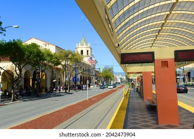 SAN JOSE, CA, USA - MAR. 12, 2014: Platform Of Convention Center Station For Santa Clara Valley Transportation Authority VTA Light Rail In Downtown San Jose, California CA, USA.