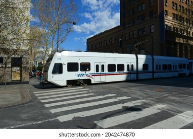 SAN JOSE, CA, USA - MAR. 10, 2014: Santa Clara Valley Transportation Authority VTA Light Rail On S 1st Street At W Santa Clara Street In Downtown San Jose, California CA, USA.