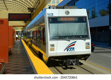 SAN JOSE, CA, USA - MAR. 12, 2014: Santa Clara Valley Transportation Authority VTA Light Rail At Convention Center Station In Downtown San Jose, California CA, USA.