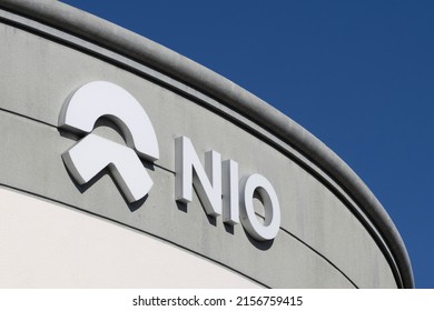 San Jose, CA, USA - May 3, 2022: Closeup Of The NIO Logo Seen At The Chinese Electric Vehicle Manufacturer NIO's Corporate Campus In San Jose, California.