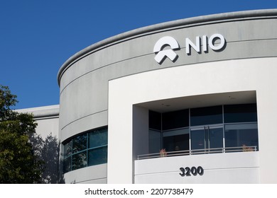 San Jose, CA, USA - May 3, 2022: NIO Logo Is Seen At The Chinese Electric Vehicle Manufacturer NIO's Corporate Campus In San Jose, California.