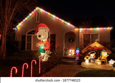 San Jose, California - December 15, 2020: Christmas Night Lights Decorating House In California