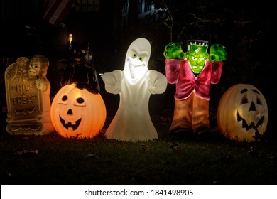 San Jose, California - October 23, 2020: Halloween Decorations Light Up At Night Decorating Front Yard