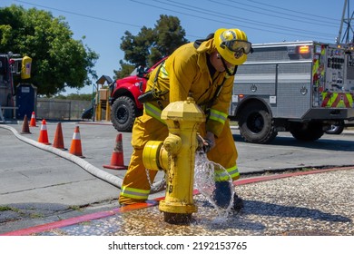 San Jose, California, USA August 19,2022, San Jose Fighter Fighter Prepping A Fire Hydrant To Fight A Fire In East San Jose