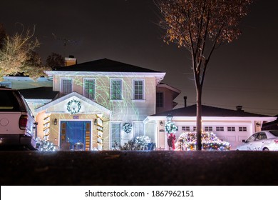 SAN JOSE, CALIFORNIA, USA - DECEMBER 4, 2020: San Jose House With Christmas Lights At Night