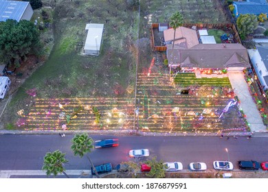 SAN JOSE, CALIFORNIA, USA - DECEMBER 16, 2020: San Jose Christmas Lights From Above