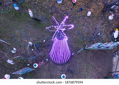 SAN JOSE, CALIFORNIA, USA - DECEMBER 16, 2020: San Jose Christmas Lights From Above