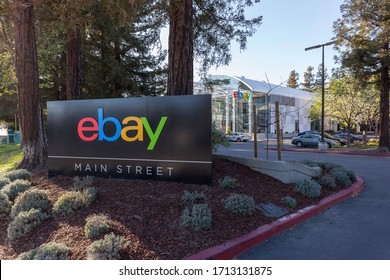 San Jose, California, USA - March 29, 2018: eBay sign at eBay 's headquarters in San Jose, California. eBay Inc. is a multinational e-commerce corporation.