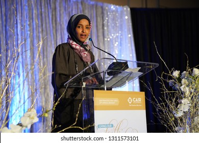 San Jose CA/USA – December 9, 2017: Minnesota State Rep. Ilhan Omar Speaking At The Council On American Islamic Relations (CAIR-SFBA), Annual Banquet.