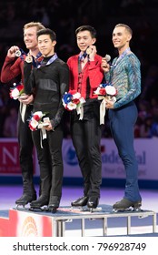 San Jose, CA/U.S.A. - January 6, 2018: Nathan Chen, Ross Miner, Vincent Zhou And Adam Rippon Show Their U.S. National Figure Skating Medals