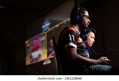 SAN JOSE, CA/USA - MARCH 31, 2019: ESports Competitors Hajime Tokido Taniguchi Versus Victor Punk Woodley In Street Fighter V: Arcade Edition (SFV) Match At Video Game Tournament NCR NorCal Regionals.