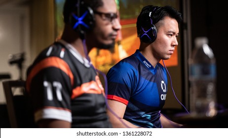 SAN JOSE, CA/USA - MARCH 31, 2019: ESports Competitors Hajime Tokido Taniguchi Versus Victor Punk Woodley In Street Fighter V: Arcade Edition (SFV) Match At Video Game Tournament NCR NorCal Regionals.