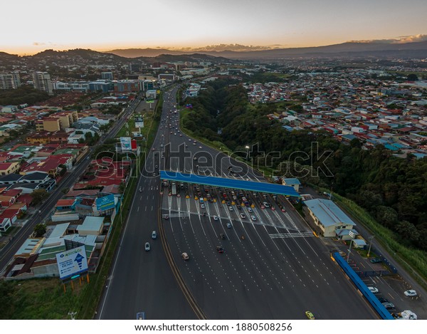 San Jose,\
San Jose  Costa Rica - 12 20 2020: Beautiful Aerial View of the 27\
highway   and toll in Escazu Costa Rica\
