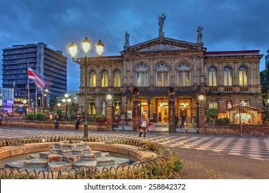 SAN JOSE, COSTA RICA - JANUARY 18: Night scene of the square in front of the famous National Theater of Costa Rica in San Jose in the night of Jan 18, 2015. 