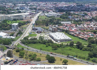 San Jose, Costa Rica - May 24 : Aerial View Of The City Of Alajuela With A Partial View Of The Airport From The Interior Of A Small Plane. May 24 2016, San Jose Costa Rica.