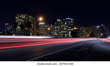 San Jose Downtown And Car Light Trails On California State Route 87 During Rush Hour. San Jose, California, USA.