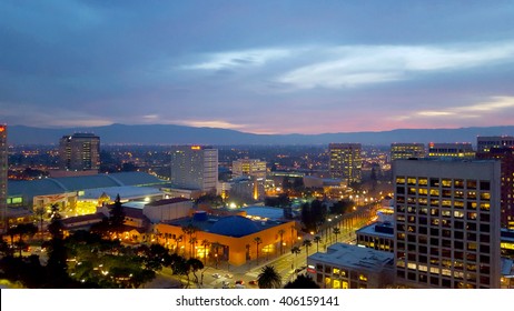 San Jose, Silicon Valley, view of downtown, the Tech Museum, McEnery Convention Center, Silicon Valley, and the Santa Cruz Mountains at sunset.