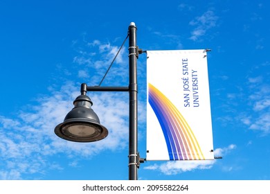 San Jose State University Banner On Street Light Pole At SJSU Campus - San Jose, California, USA - 2021