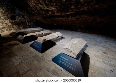 San Juan De La Peña, Aragón September 7, 2021, Several Covers Of Royal Sarcophagi In The Monastery Of San Juan De La Peña, Romanesque Work In Huesca.