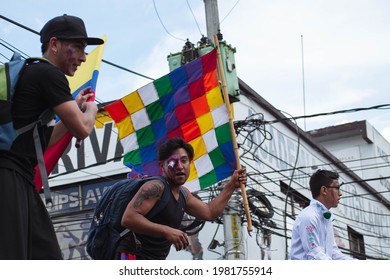 San Juan De Pasto, Colombia; 05 28 2021: Artists Accompany Protesters In A Peaceful March Against Colombian Government Reforms And Police Abuse