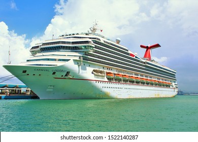 San Juan, Puerto Rico - August 20th 2019: The Carnival Conquest Cruise Ship docked in San Juan Cruise Port Terminal.