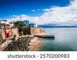 San Juan, Puerto Rico - February 28, 2018: View of Paseo del Morro National Recreational Trail, with La Fortaleza, Palacio de Santa Catalina (Saint Catherine