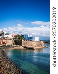 San Juan, Puerto Rico - February 28, 2018: View of Paseo del Morro National Recreational Trail, with La Fortaleza, Palacio de Santa Catalina (Saint Catherine