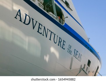 San Juan, Puerto Rico - February 18, 2020 - Close Up Of Adventure Of The Seas, Royal Caribbean Cruise Ship