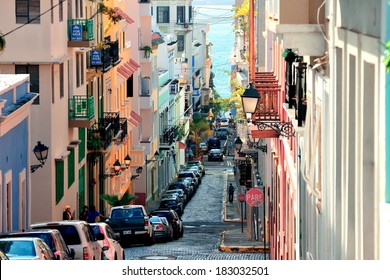 SAN JUAN, PUERTO RICO - JAN 7: Old street in downtown on January 7, 2013 in San Juan, Puerto Rico. San Juan is the capital and most populous municipality in Puerto Rico. 