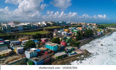 San Juan, Puerto Rico - Oct. 31, 2019: An aerial view of Old San Juan and the La Perla neighborhood, a high crime area that was the backdrop for the music video of the song "Despacito". 
