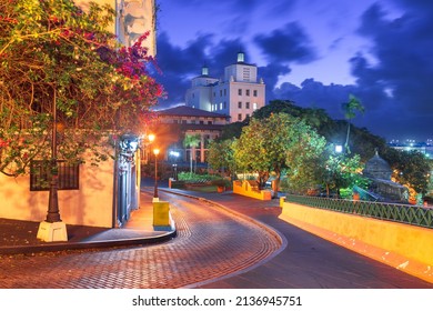 San Juan, Puerto Rico Streets And Cityscape At Night.