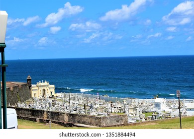 San Juan, Puerto Rico, USA - 3 April 2017:  The Historic Santa Maria Magdalena De Pazzis Cemetery, Located Next To El Morro National Monument.  The Cemetery Has A Gorgeous View Of The Caribbean Sea.  