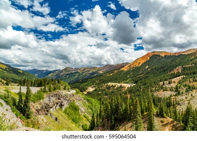 The San Juan Skyway forms a 233 mile loop in southwest Colorado traversing the heart of the San Juan Mountains featuring breathtaking mountain views.