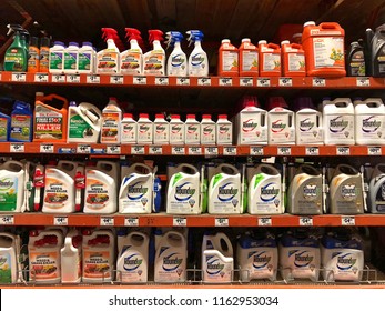 San Leandro, CA - August 22, 2018: Garden Supply Store Shelf With Containers Of Round Up Chemical Weed Control Agents. A C.A. Jury Just Ruled That Roundup Gave A School Groundskeeper Terminal Cancer.