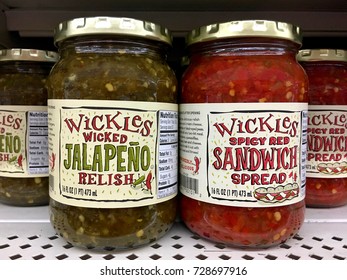 San Leandro, CA - August 24, 2017: Grocery Store Shelf With Jars Of Wickles Wicked Jalapeno Relish And Spicy Red Sandwich Spread. Product Of United Natural Foods Inc, Found At Local Walmart Stores.