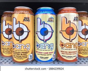 San Leandro, CA - Dec 12, 2020: Grocery Store Shelf With Cans Of BANG Brand Keto-Coffee In Various Flavors. Chocolate Peanut Butter Blast, Birthday Cake Bash And Mocha Madness. High Protein Coffees