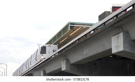 San Leandro, CA - February 01, 2017: BART Train Preparing To Depart Bay Fair Station. Bay Area Rapid Transit Is A Public Transportation Elevated And Subway System Serving The San Francisco Bay Area.