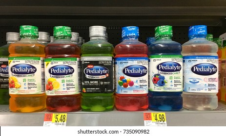 San Leandro, CA - October 15, 2017: Grocery Store Shelf With Bottles Of Pedialyte Brand Electrolyte Replacement For Infants And Children