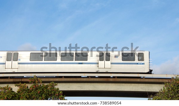 San Leandro, CA - October 20, 2017: The San\
Francisco Bay Area Rapid Transit train, referred to as BART has new\
service to Oakland International Airport from the Coliseum BART\
station in Oakland.