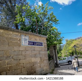 San Lorenzo De El Escorial, Madrid / Spain - May 2, 2019: The San Lorenzo sign close to the entrance to the Adolfo Suarez park