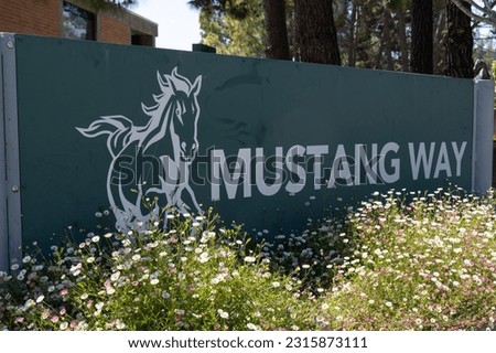 San Luis Obispo, CA - May 19 2023:  Mustang Way sign on the campus of California Polytechnic State University 