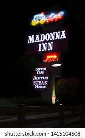 San Luis Obispo, California - June 11 2018: The Neon Sign Of The Famous Madonna Inn, Built In 1958.